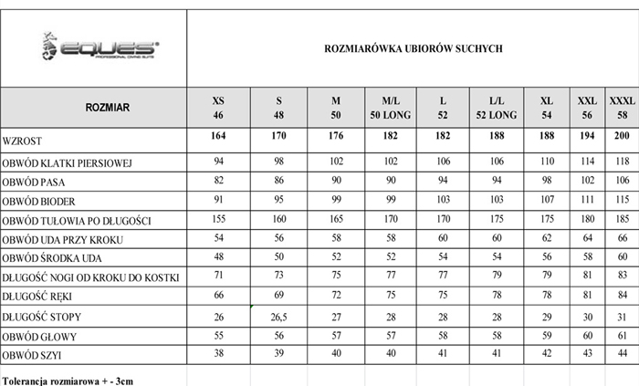 Rozmiary do skafandra do pracy w wodzie Rozmiary do skafandra do pracy w wodzie